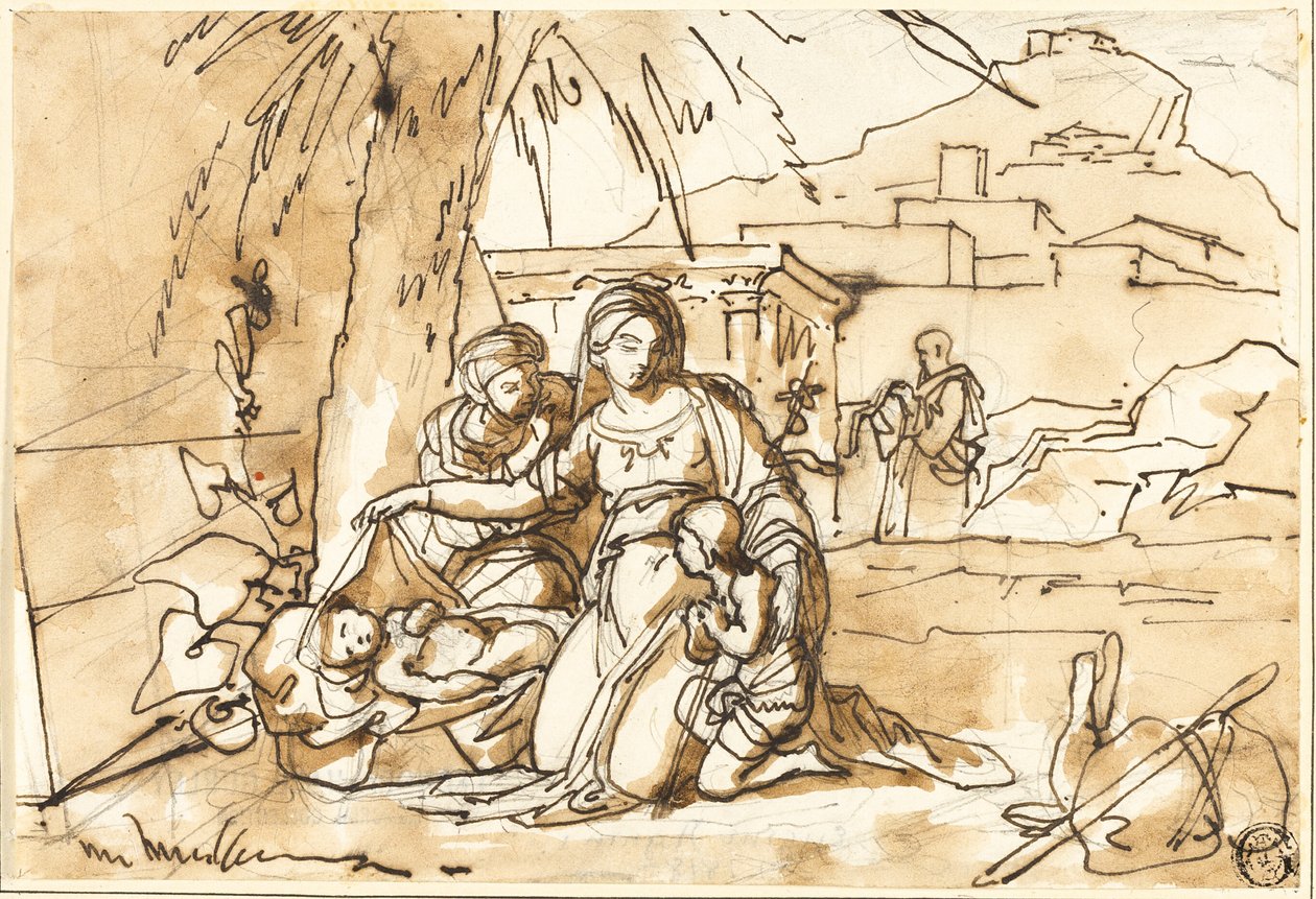 Madonna med barn, Sankt Anna og Sankt Johannes, med Sankt Josef i baggrunden af Eugenio Agneni