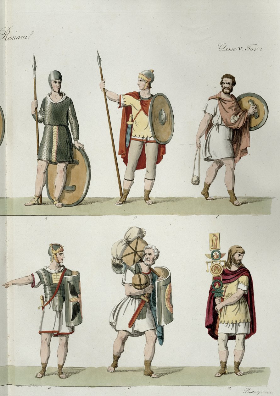 Romerske soldater, detalje fra plade 2, klasse 5 i del I af Nationernes historie, indgraveret af Buttazon (akvatint) (se også 93288) af Eugenio Bosa
