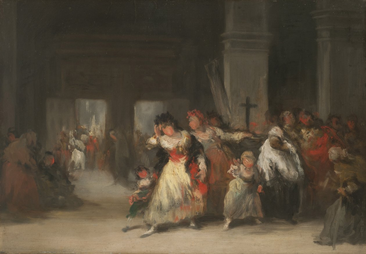 Inde i kirken, ca. 1860-66 (olie på blikplade) af Eugenio Lucas Velázquez