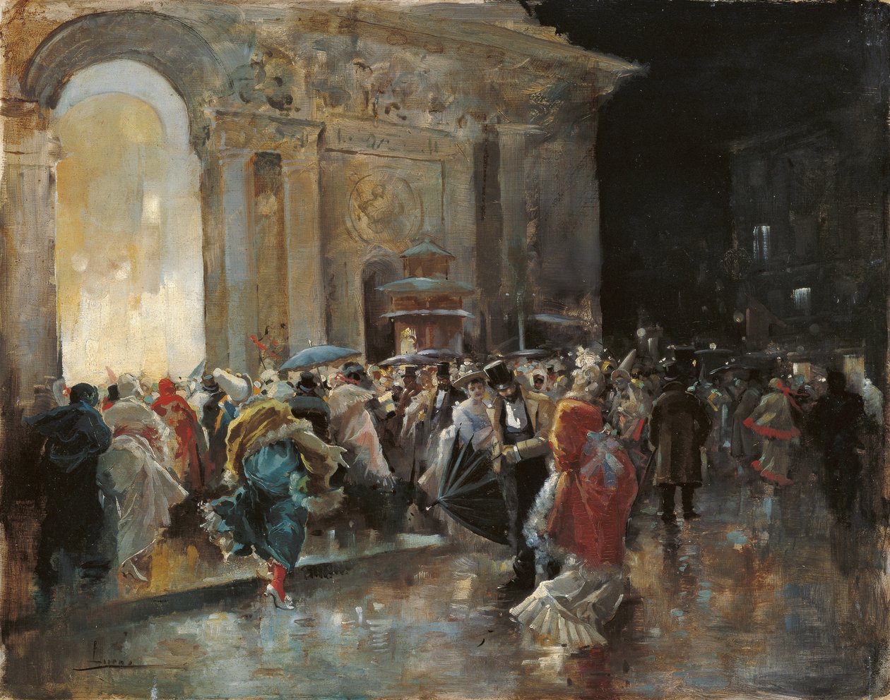 Ankomst til teatret på en aften med maskebal - Lucas Villaamil, Eugenio (1858-1919) - ca. 1895 - Olie på træ - 31x40 - Museo Carmen Thyssen, Malaga af Eugenio Lucas Villaamil
