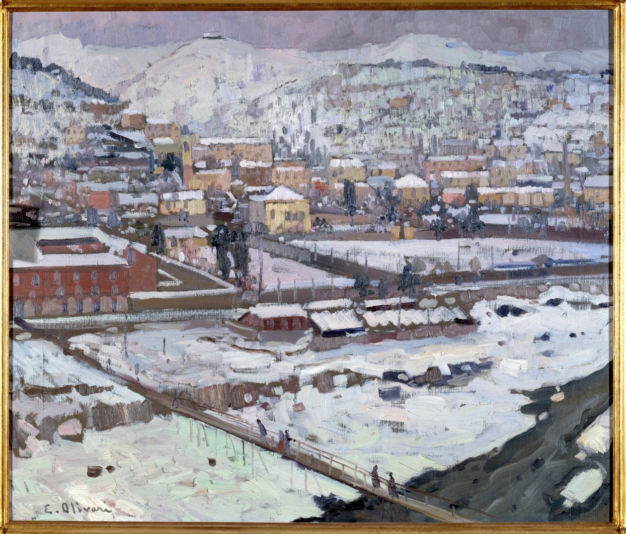 Udsigt over gener under sneen, Italien (Udsigt over Genova under sneen, Italien) Maleri af Eugenio Olivari (1882-1917) Dim 73x85 cm Gener, Galleria d