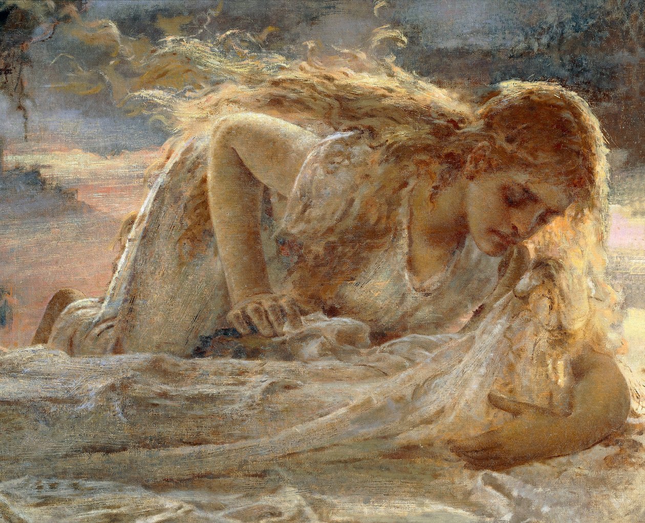 Magdalene, der kysser Kristi fødder, da han bliver taget ned fra korset, detaljer fra Kristus og Maria Magdalene af Eugenio Prati
