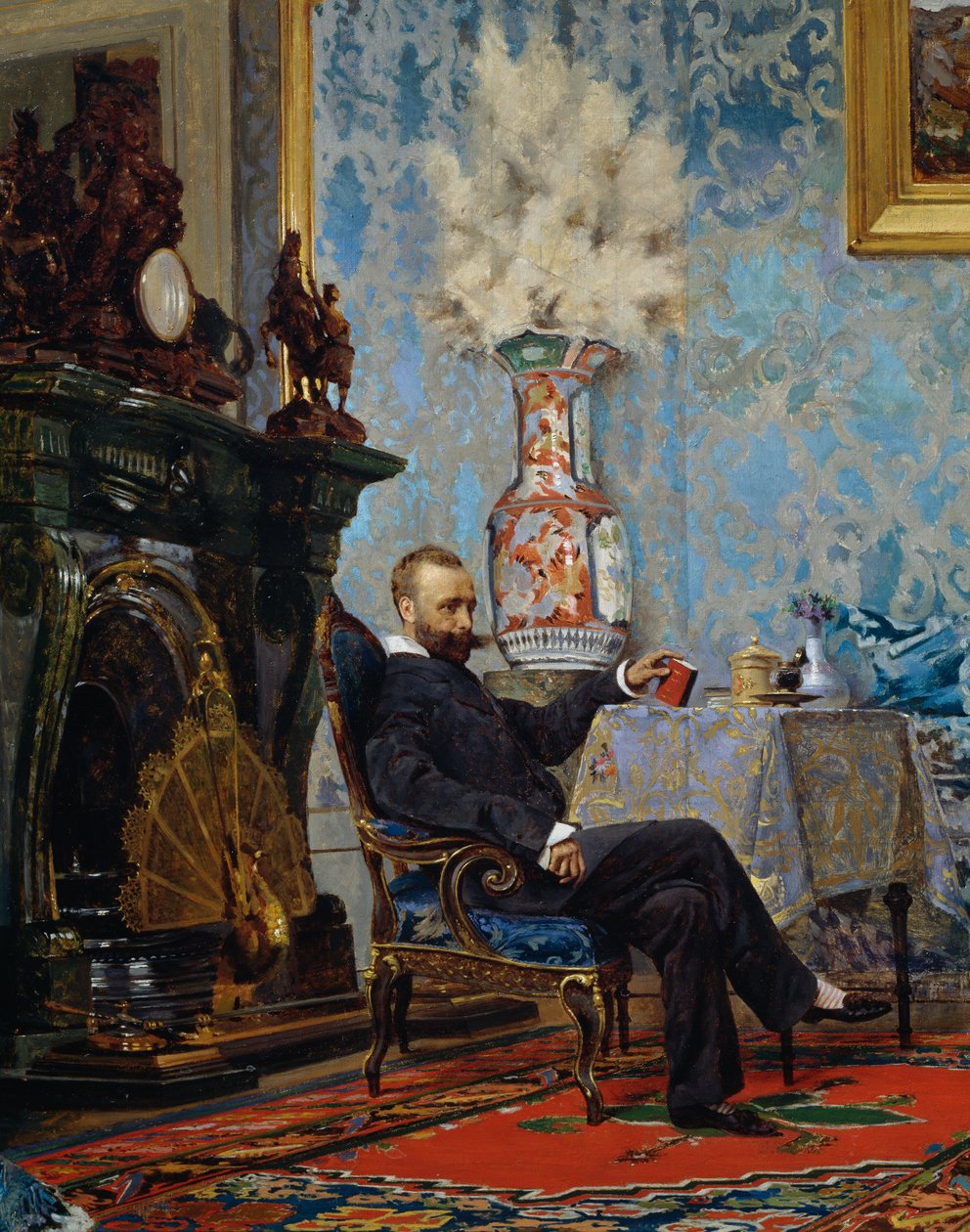 Peter Fabricci siddende i stuen, detalje fra Fabricci-familien, ca 1880, af Eugene Scomparini (1845-1913), olie på lærred, 68x187 cm, Italien af Eugenio Scomparini