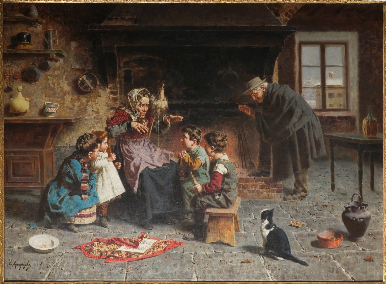 Hos bedstemoderen (olie på lærred) af Eugenio Zampighi