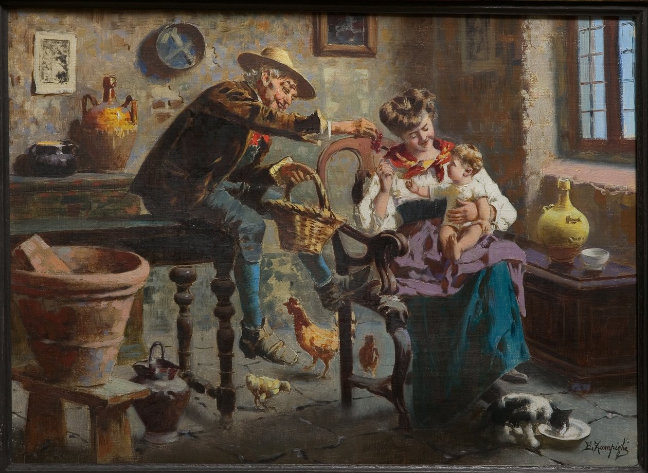 Scene med en mand, en kvinde og en babypige (olie på lærred) af Eugenio Zampighi