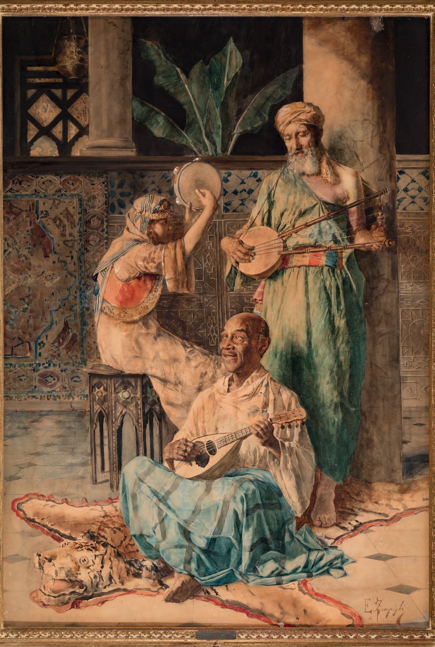 Tre orientalske musikafspillere (tempera på papir) af Eugenio Zampighi