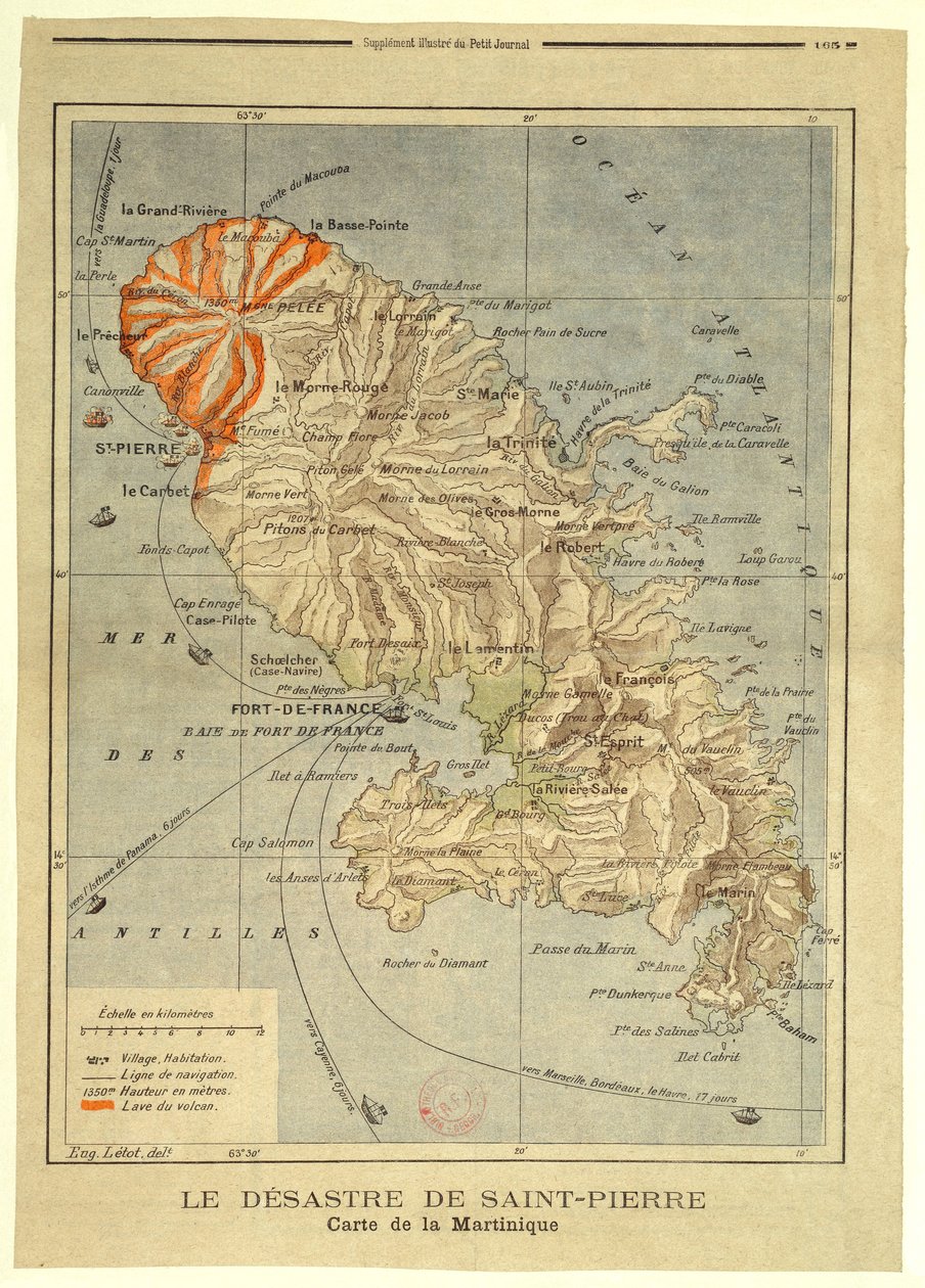 Katastrofen i Saint-Pierre. Kort over Martinique af Eugène Letot