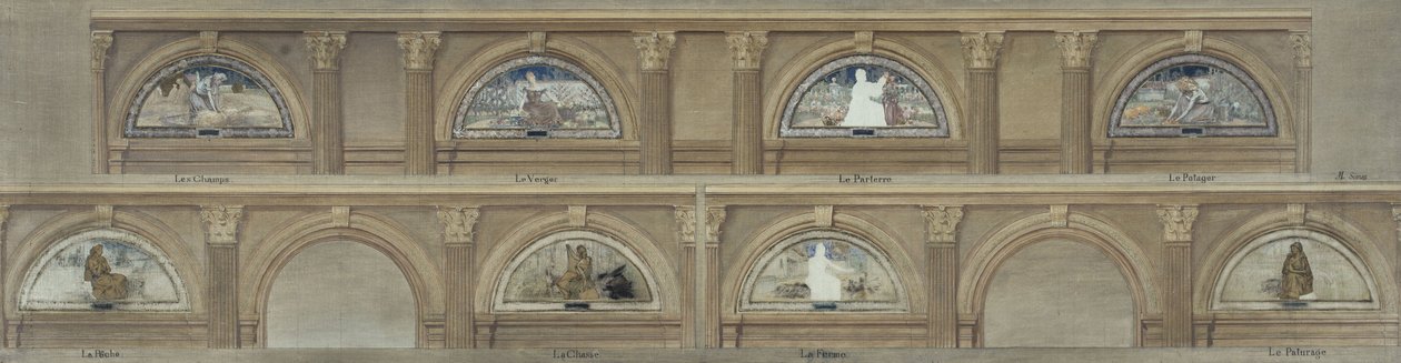 Skitse til spisesalen på Hôtel de Ville i Paris: The Fields. Frugtplantagen. Parterret. Køkkenhaven. Fiskeriet. Jagt. Gården. The Pasture, ca. 1891 (blæk, olie på blyant, papir på lærred) af Eugène Martial Simas