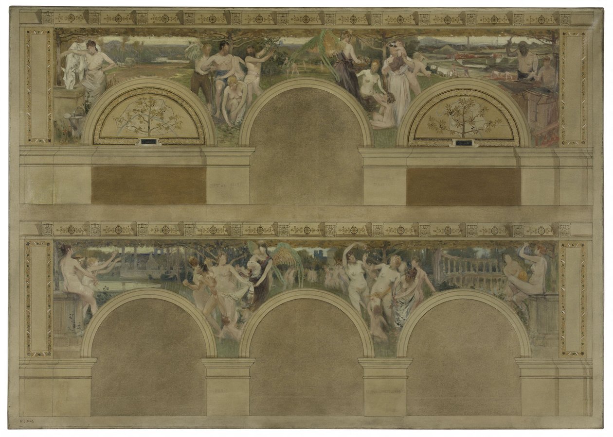 Skitse til en af de indledende saloner i Hôtel de Ville de Paris: Le Travail. Les Réjouissances. La Charité, i 1892 (sort blæk, olie på lærred) af Eugène Martial Simas