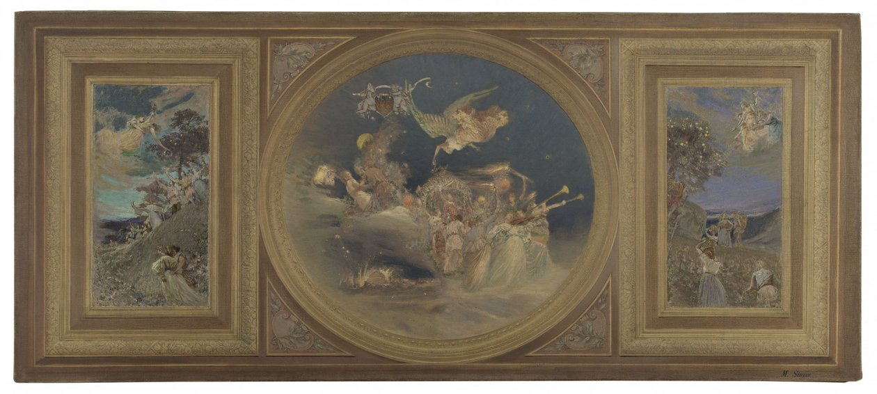 Skitse til spisesalen i Hôtel de Ville de Paris: Allegorisk loft, ca. 1891 (olie på lærred, papir) af Eugène Martial Simas