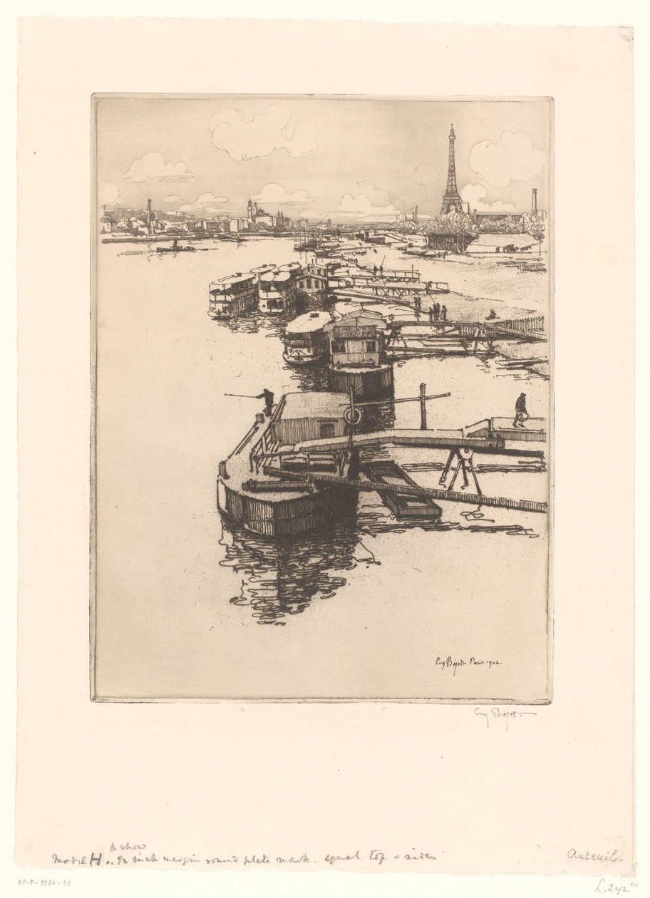 Kaj med omnibusbåde i Paris med Eiffeltårnet i baggrunden af Eugène Bejot (signed by artist)
