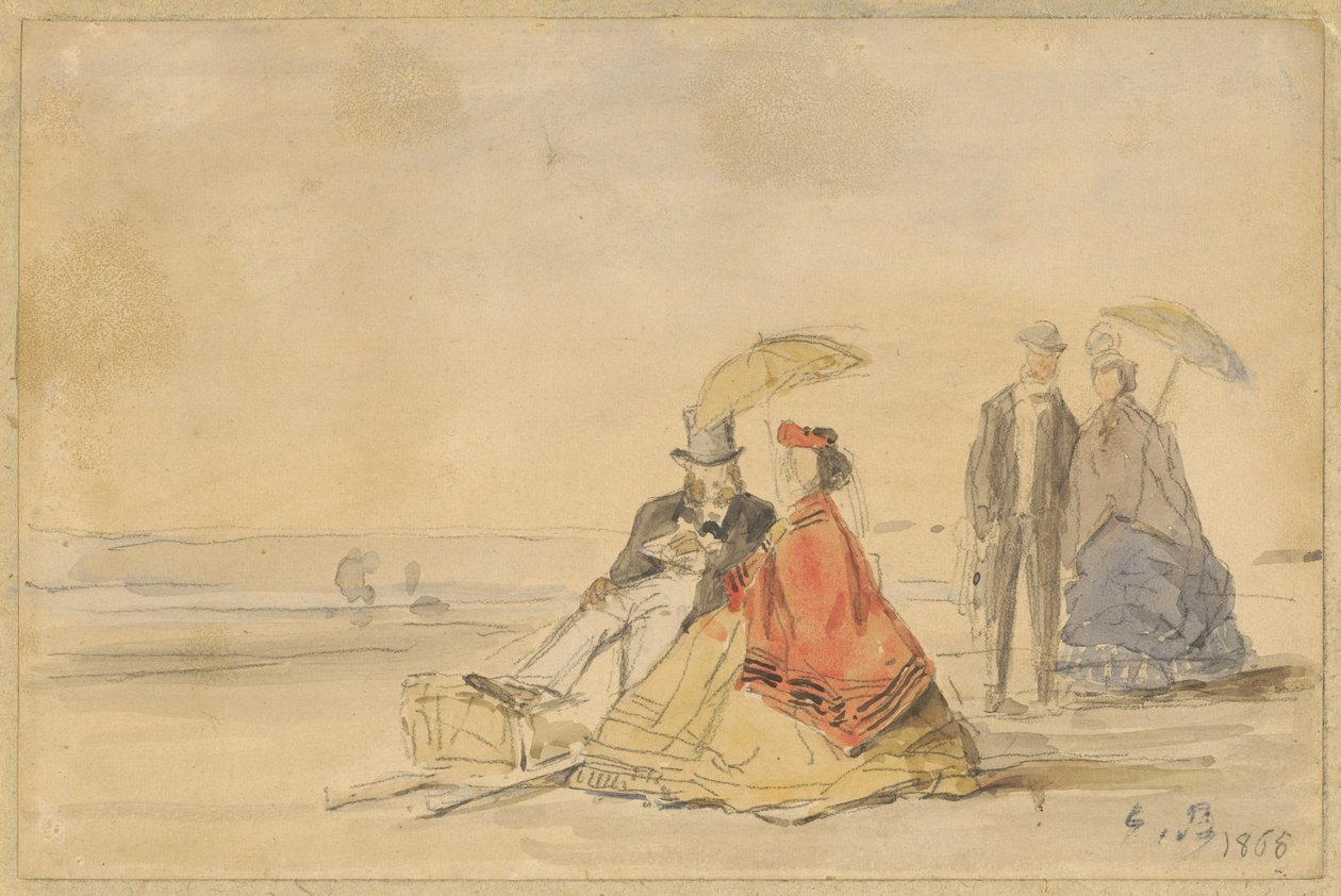 Et par siddende og et par, der går på stranden af Eugène Boudin