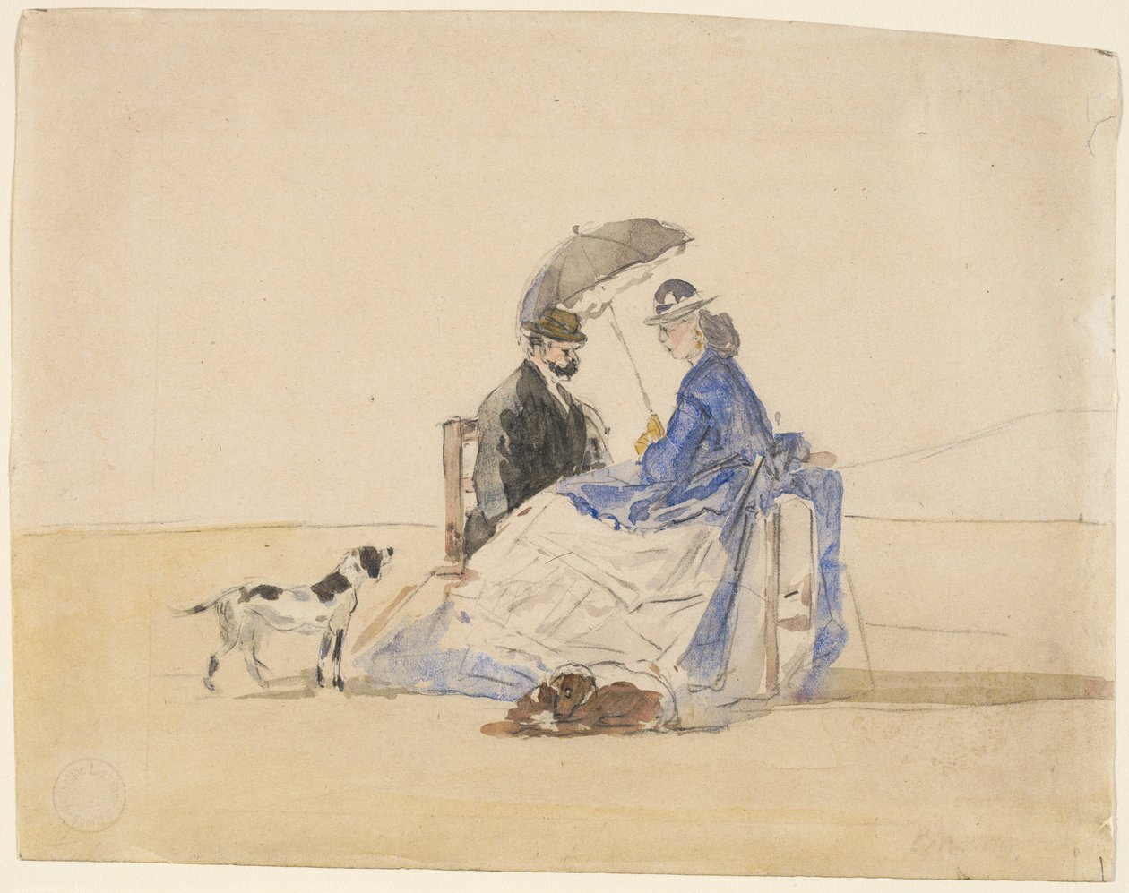 Et par sidder på stranden med to hunde af Eugène Boudin