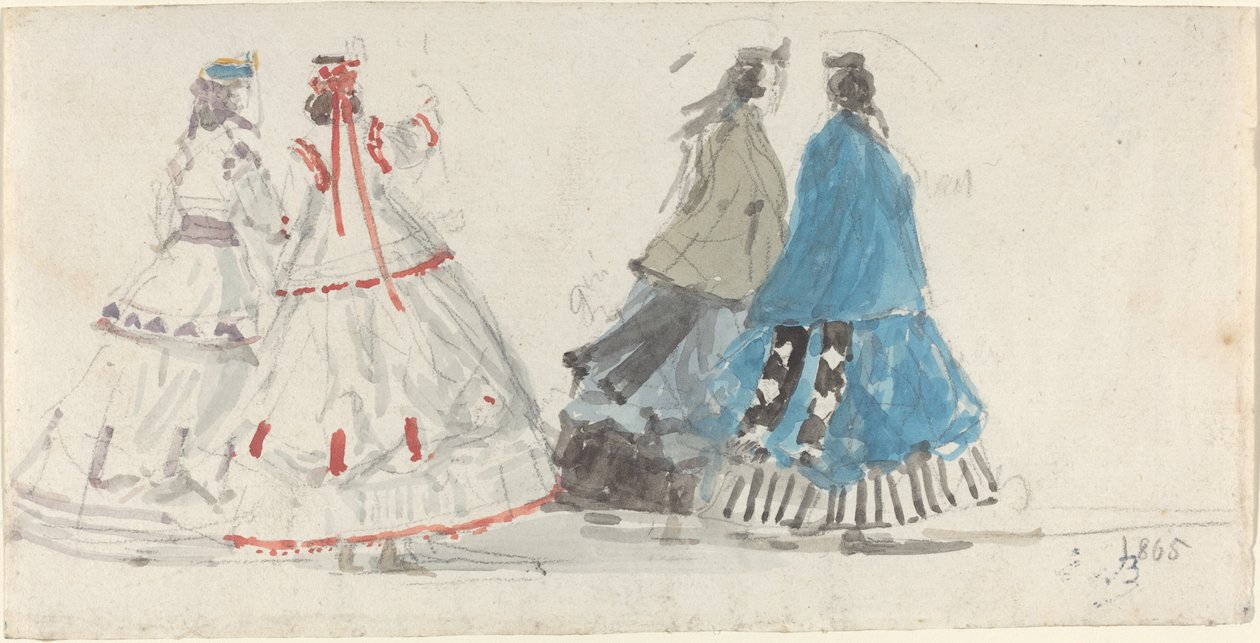 Fire damer i Crinolines går i Trouville af Eugène Boudin