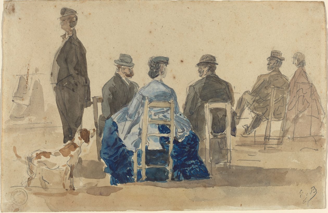 Mine damer og herrer sidder på stranden med en hund af Eugène Boudin