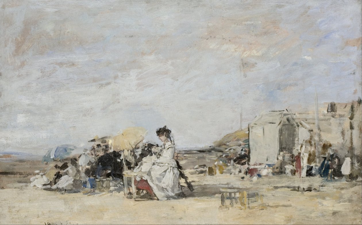 Lady in White på stranden ved Trouville af Eugene Louis Boudin