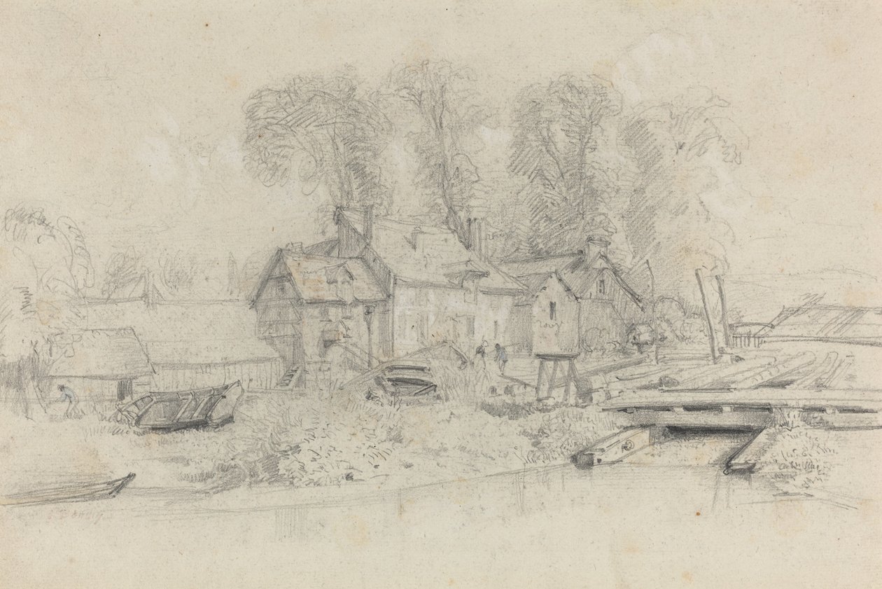 Flodlandskab med bygninger, både og figurer af Eugène Boudin