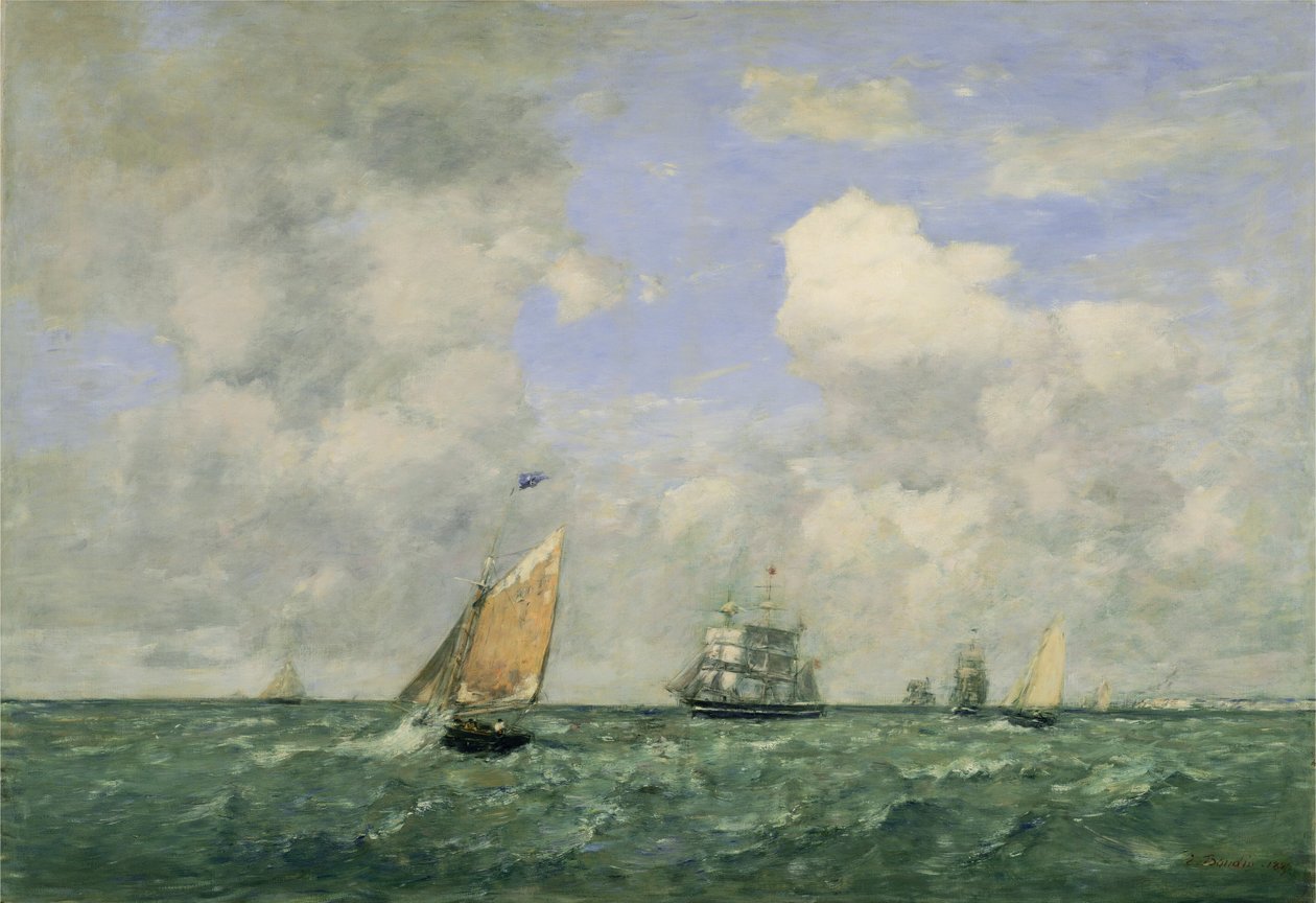 Skibe og sejlbåde forlader Le Havre af Eugène Boudin