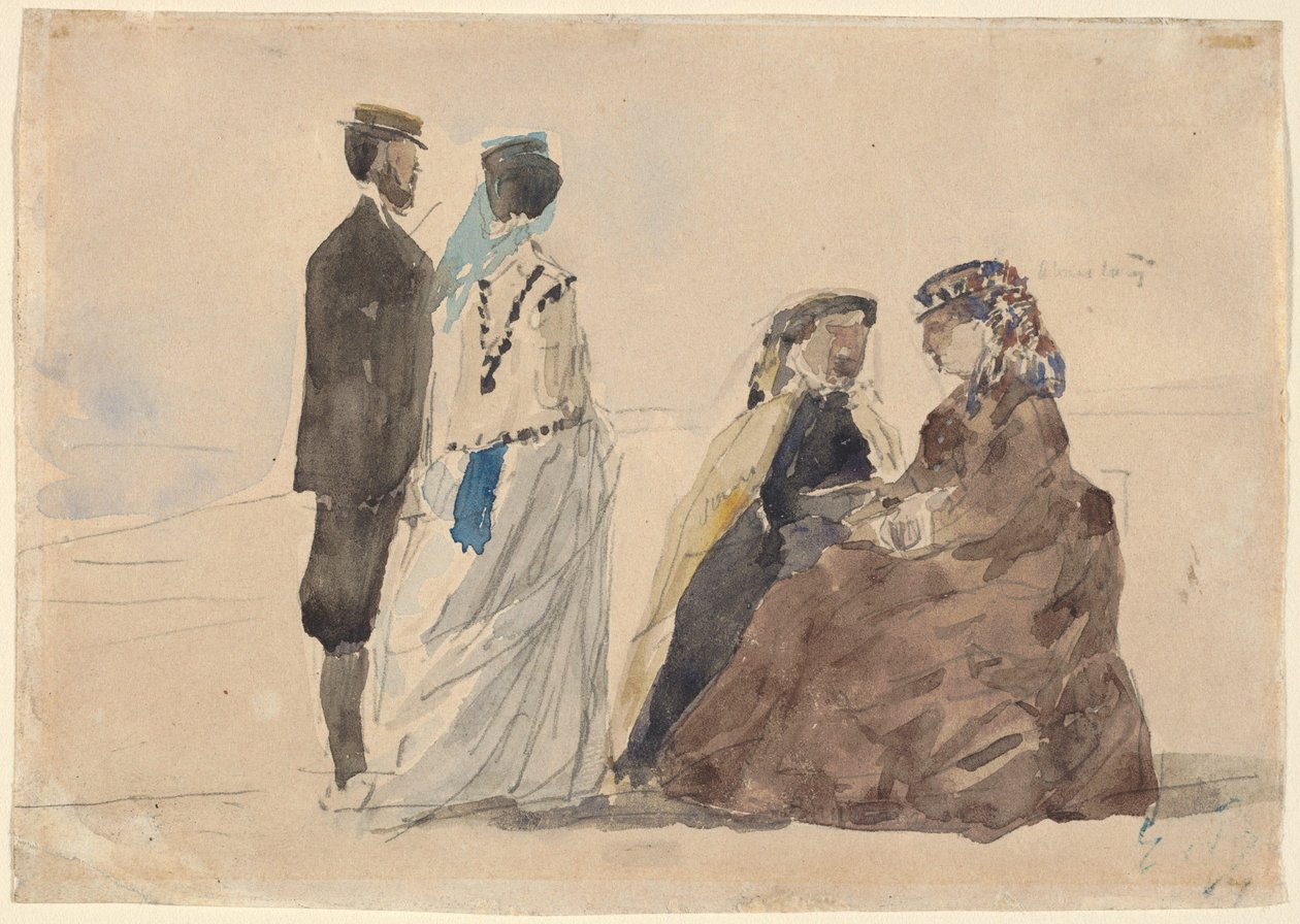 To siddende damer og et par går på stranden af Eugène Boudin