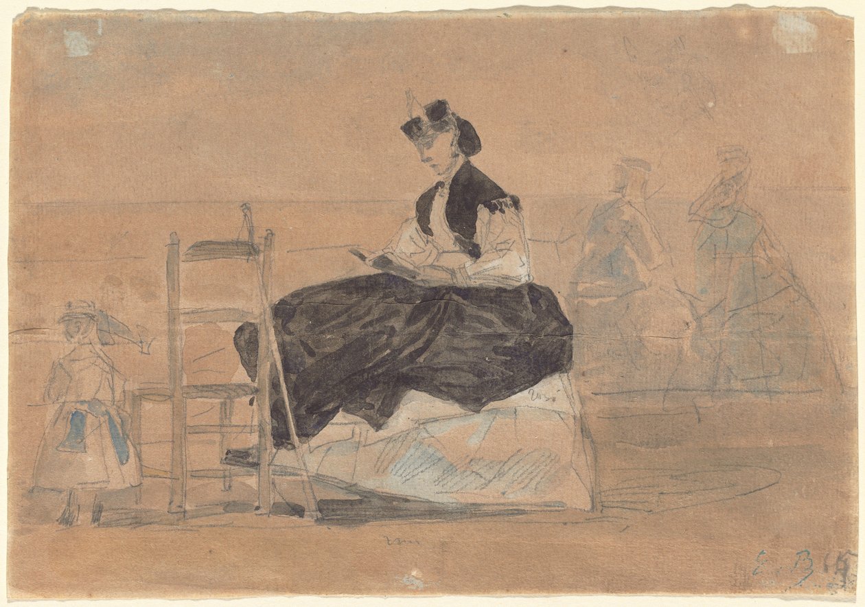 Kvinde i en Crinoline på stranden i Trouville af Eugène Boudin