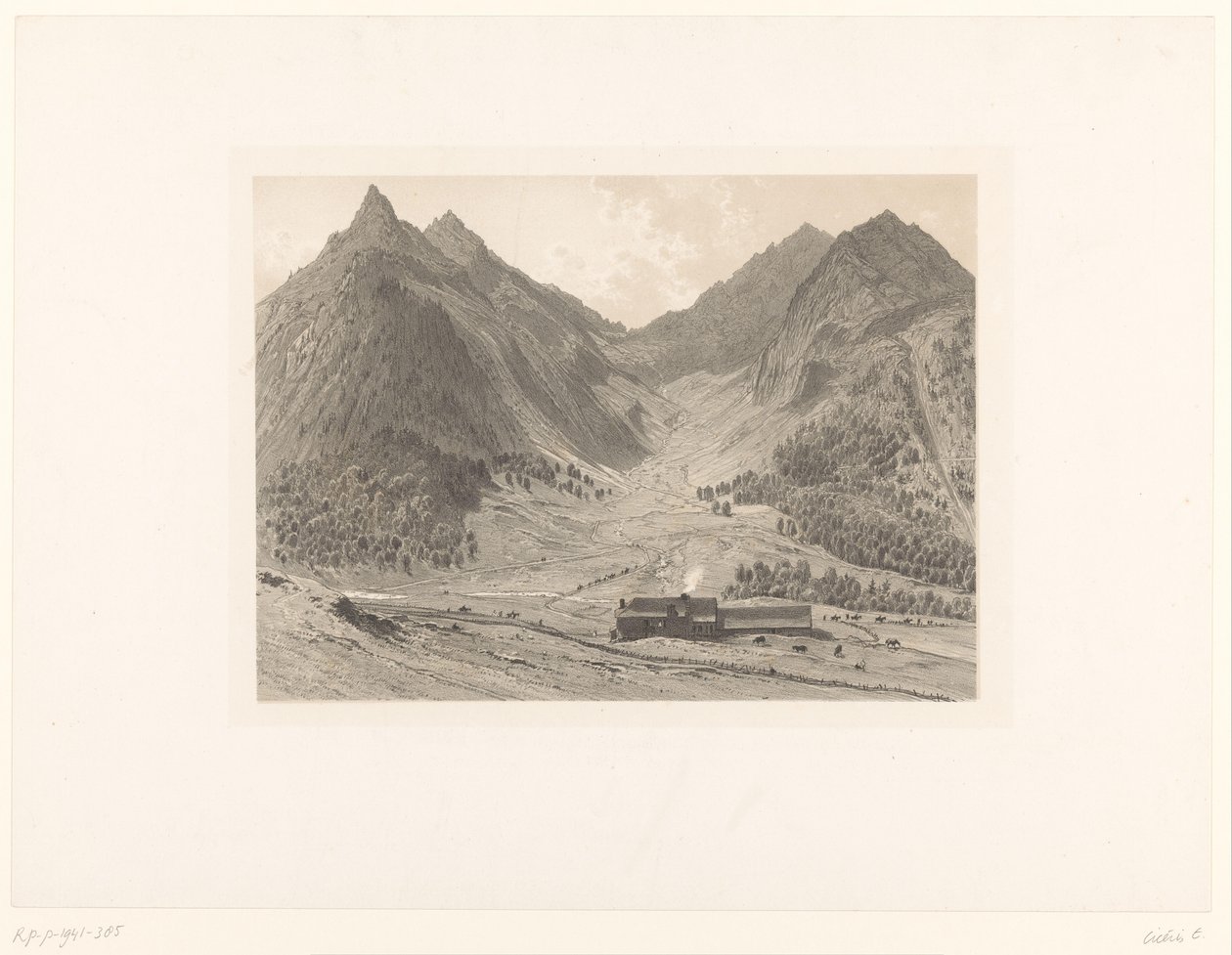 Bjerglandskab med hus i alpine eng af Eugène Cicéri (attributed to)
