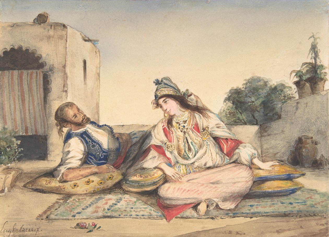 Et marokkansk par på deres terrasse, 1832. af Eugène Delacroix