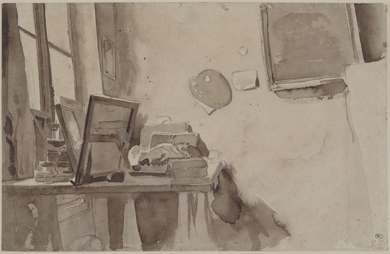 Et hjørne af atelier, ca 1825. af Eugène Delacroix