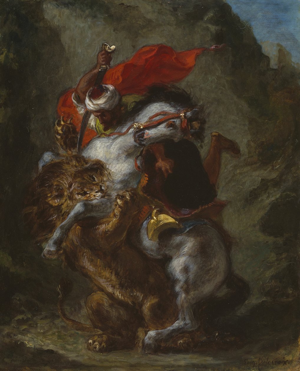 Arabisk rytter angrebet af en løve af Eugène Delacroix