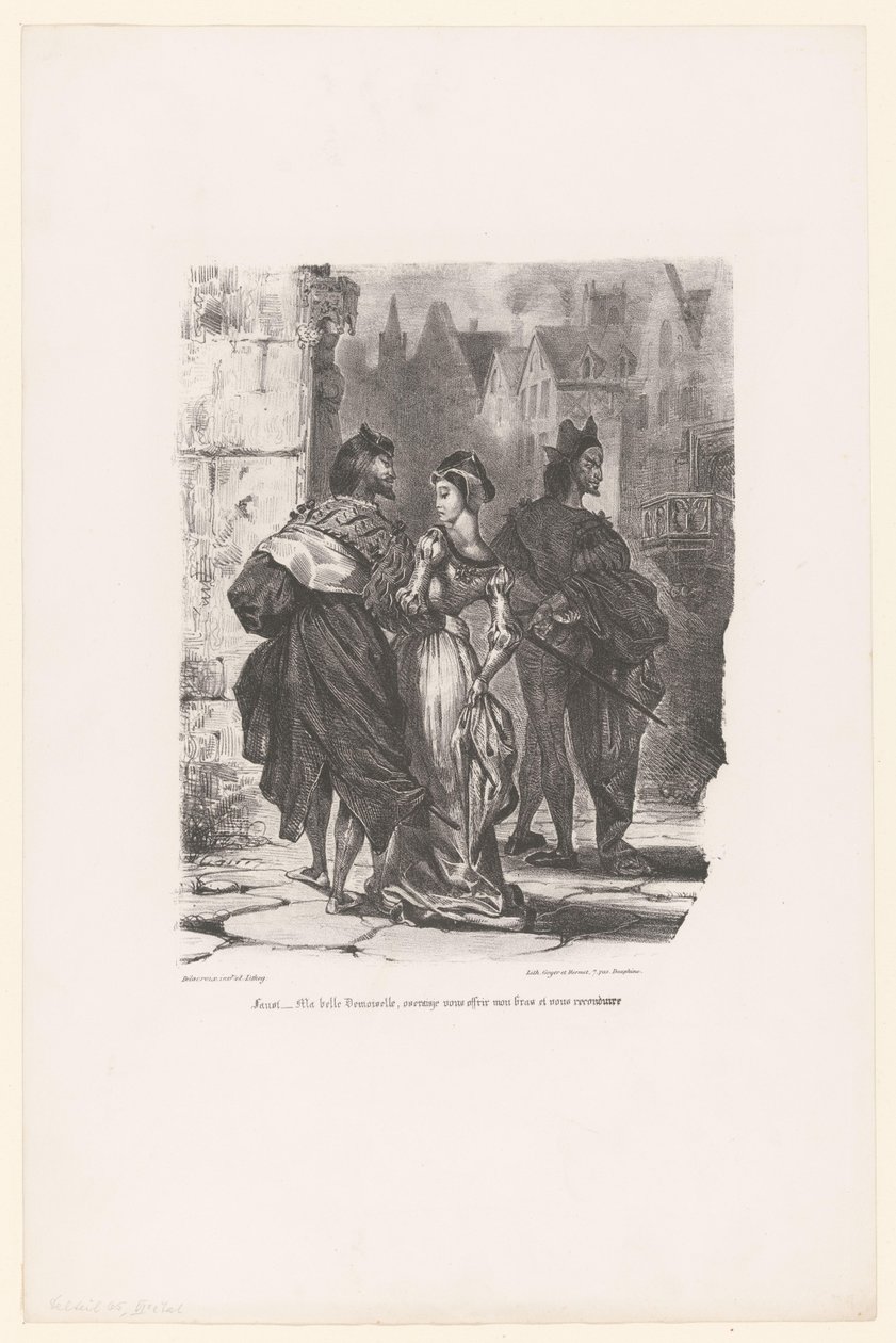 Faust prøvet Grietje te verleiden Faust: Min smukke unge dame, ville jeg vove at tilbyde dig min arm og køre dig hjem? (titel på objekt) Faust (serietitel) Faust, tragedie af M. de Goethe (serietitel) af Eugène Delacroix