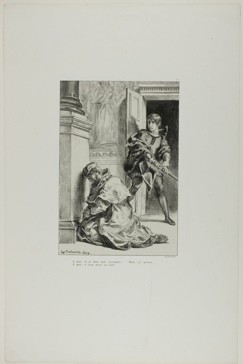 Hamlet forsøger at dræbe kongen, planche 8 fra Hamlet af Eugène Delacroix