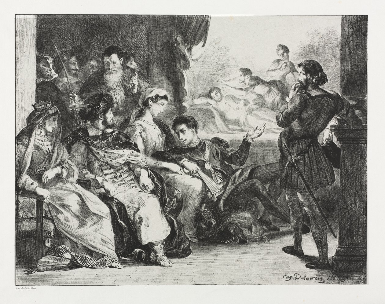 Hamlet: Hamlet befaler skuespillerne at lave en scene fra hans fars forgiftning af Eugène Delacroix
