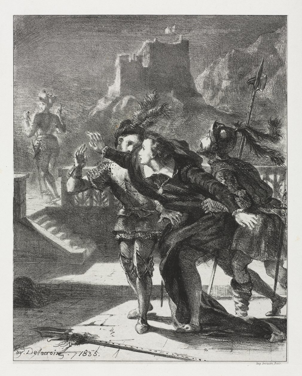 Hamlet: Hamlet skynder sig at følge sin fars spøgelse af Eugène Delacroix
