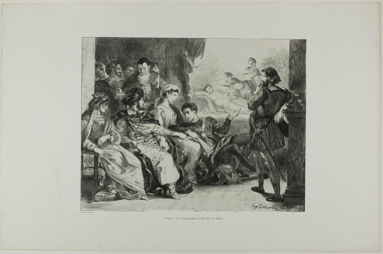 Hamlet får spillerne til at iscenesætte forgiftningen af hans far, planche 7 fra Hamlet af Eugène Delacroix