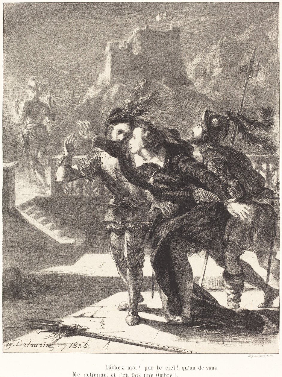 Hamlet ønsker at følge sin fars spøgelse (akt I, scene IV) af Eugène Delacroix