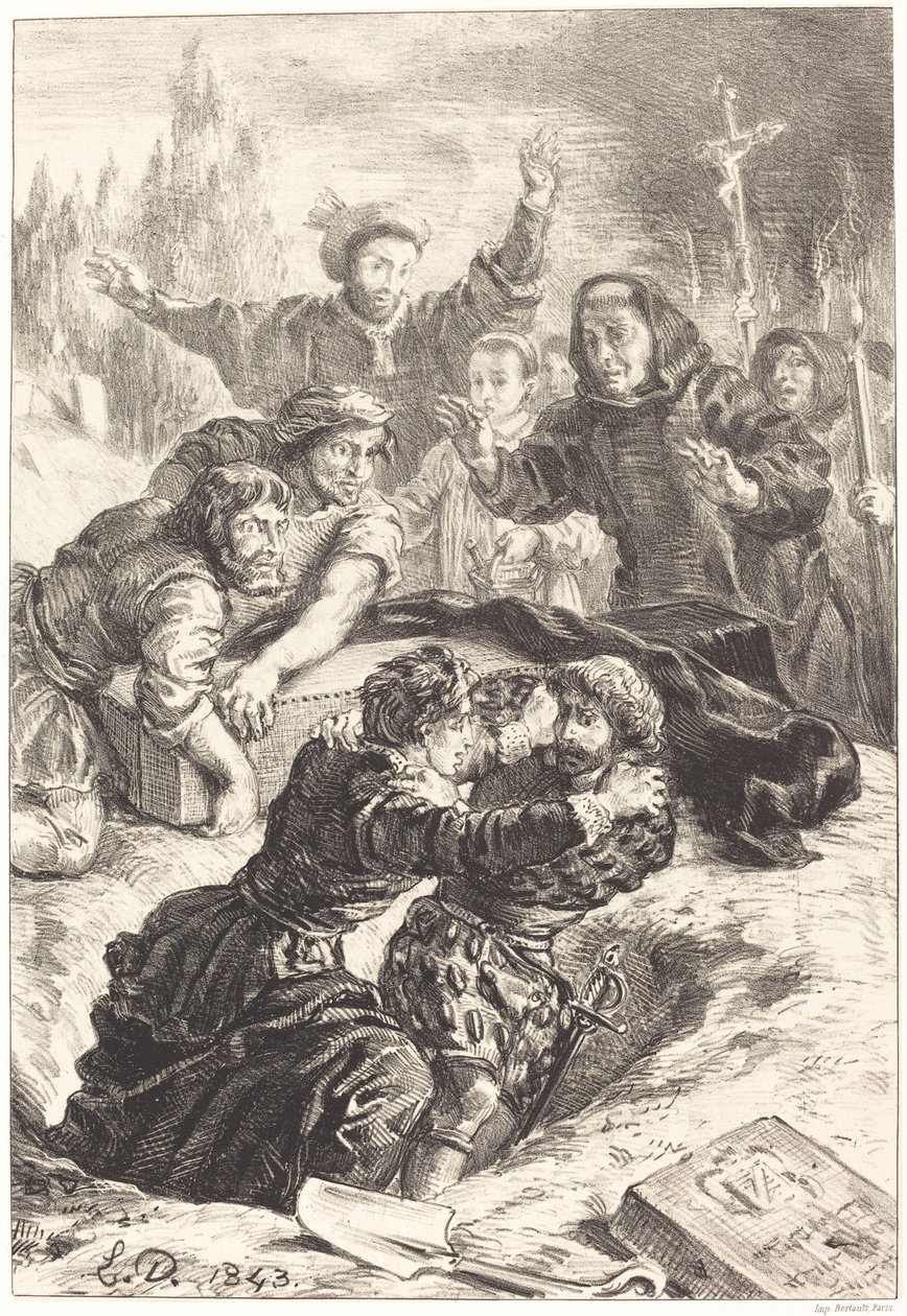 Hamlet og Laertes i Ophelias grav (V. akt, Scene I) af Eugène Delacroix