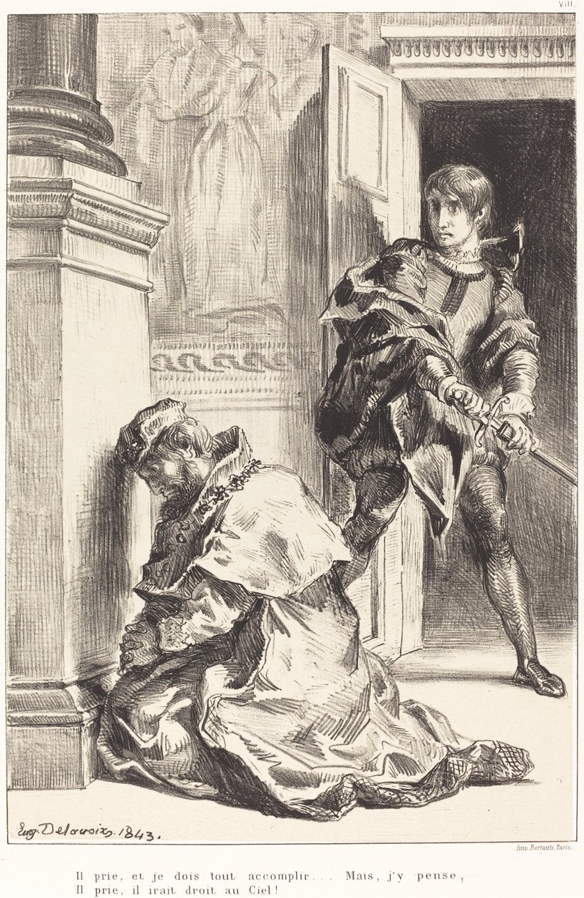 Hamlet er fristet til at dræbe kongen (Act III, Scene III) af Eugène Delacroix