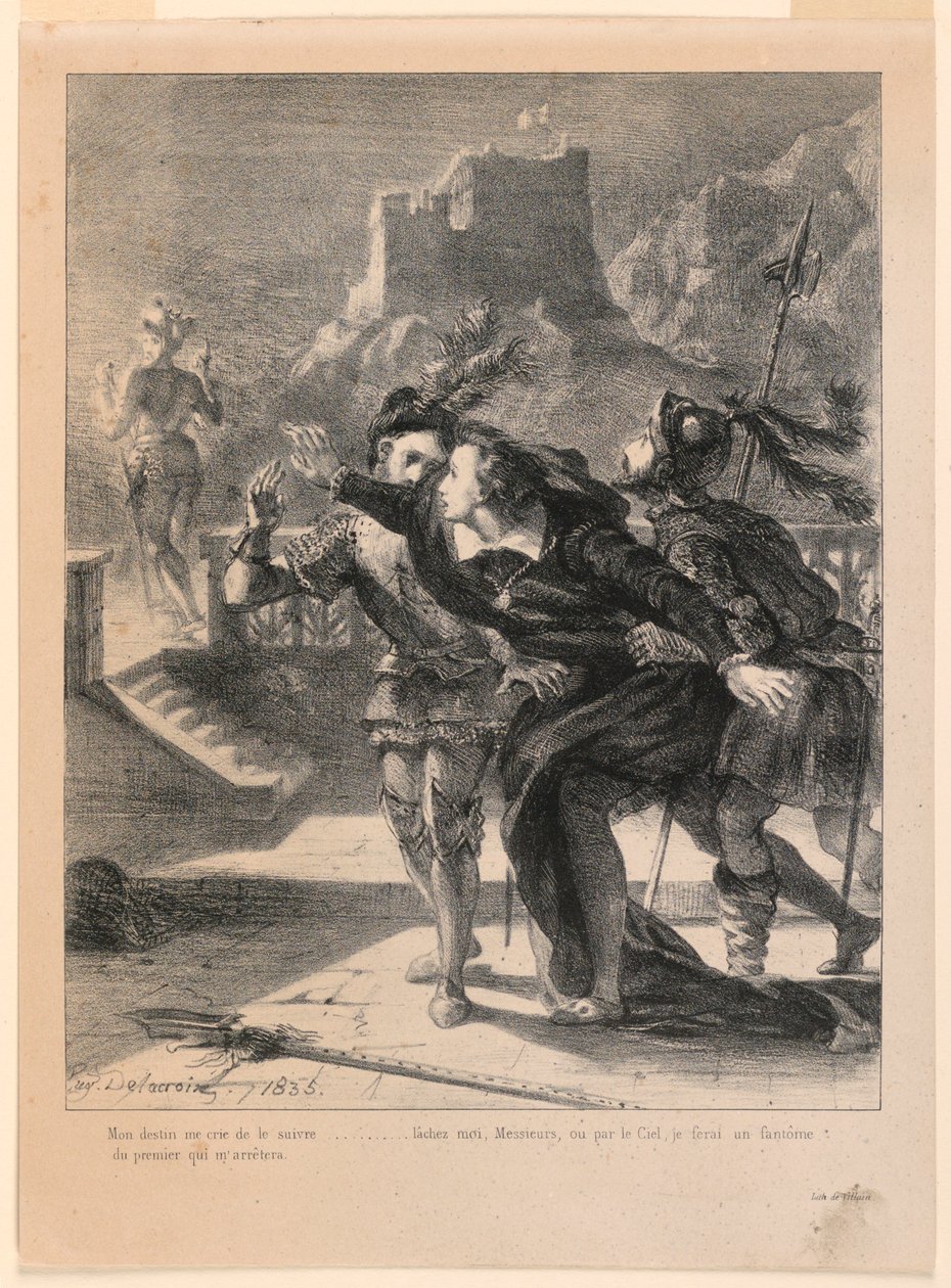 Illustration til Hamlet: Hamlet forsøger at følge sin fars spøgelse (I,4) af Eugène Delacroix