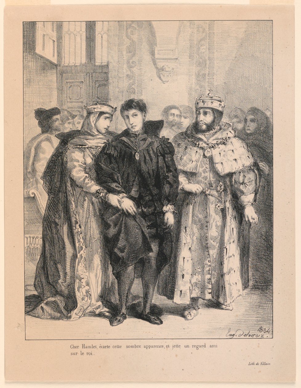 Illustration til Hamlet. Dronningen forsøger at juble Hamlet (I,2) af Eugène Delacroix
