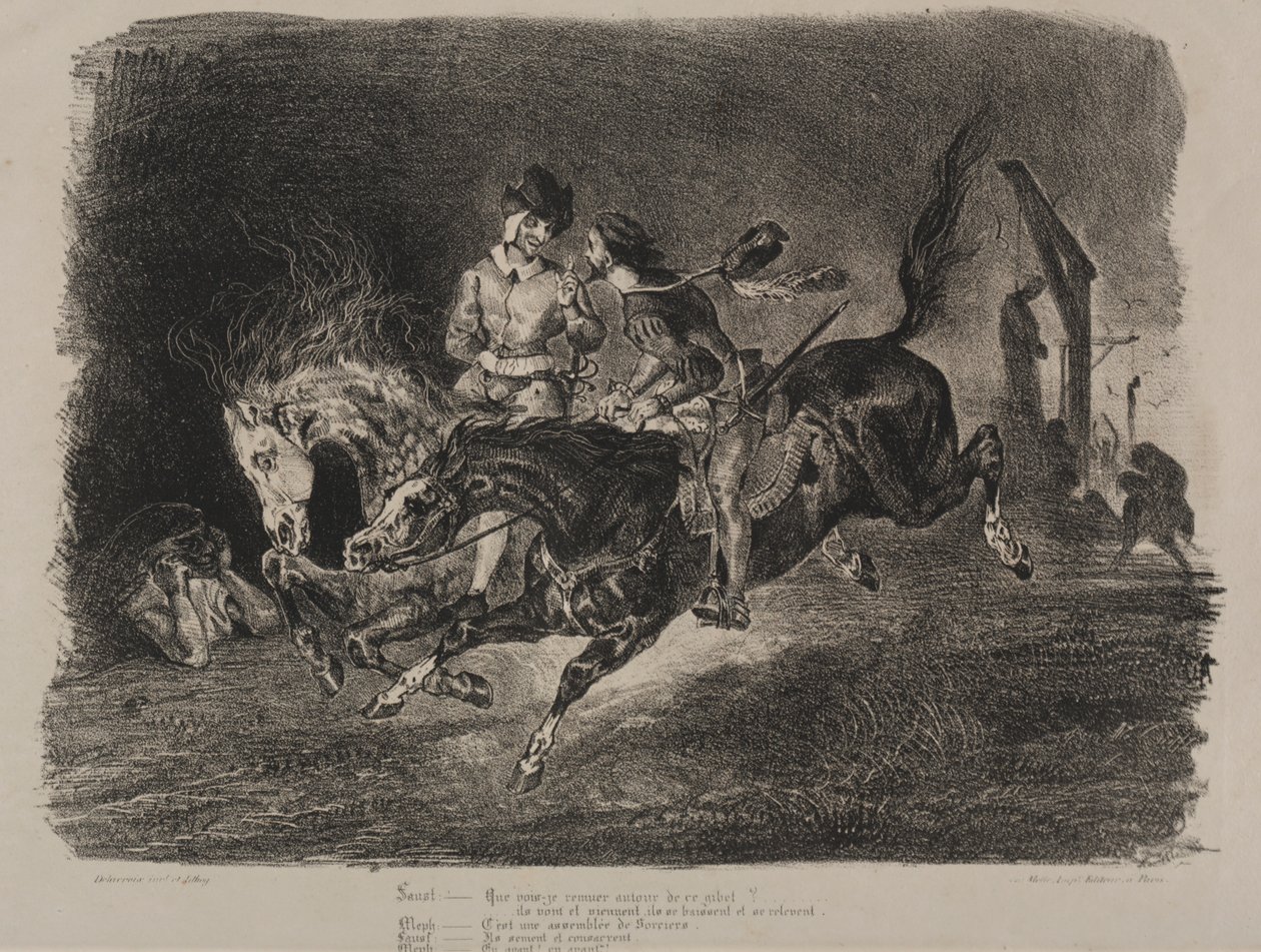 Illustrationer til Faust: Faust og Méphistophélés ridning på sabbatten af Eugène Delacroix