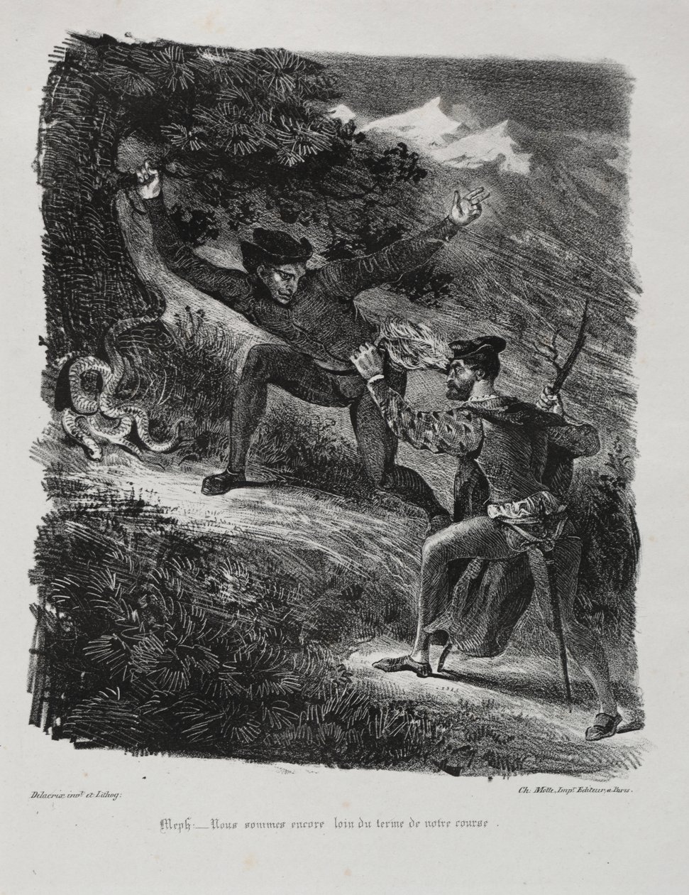 Illustrationer til Faust: Faust og Méphistophélés i Hartz-bjergene af Eugène Delacroix