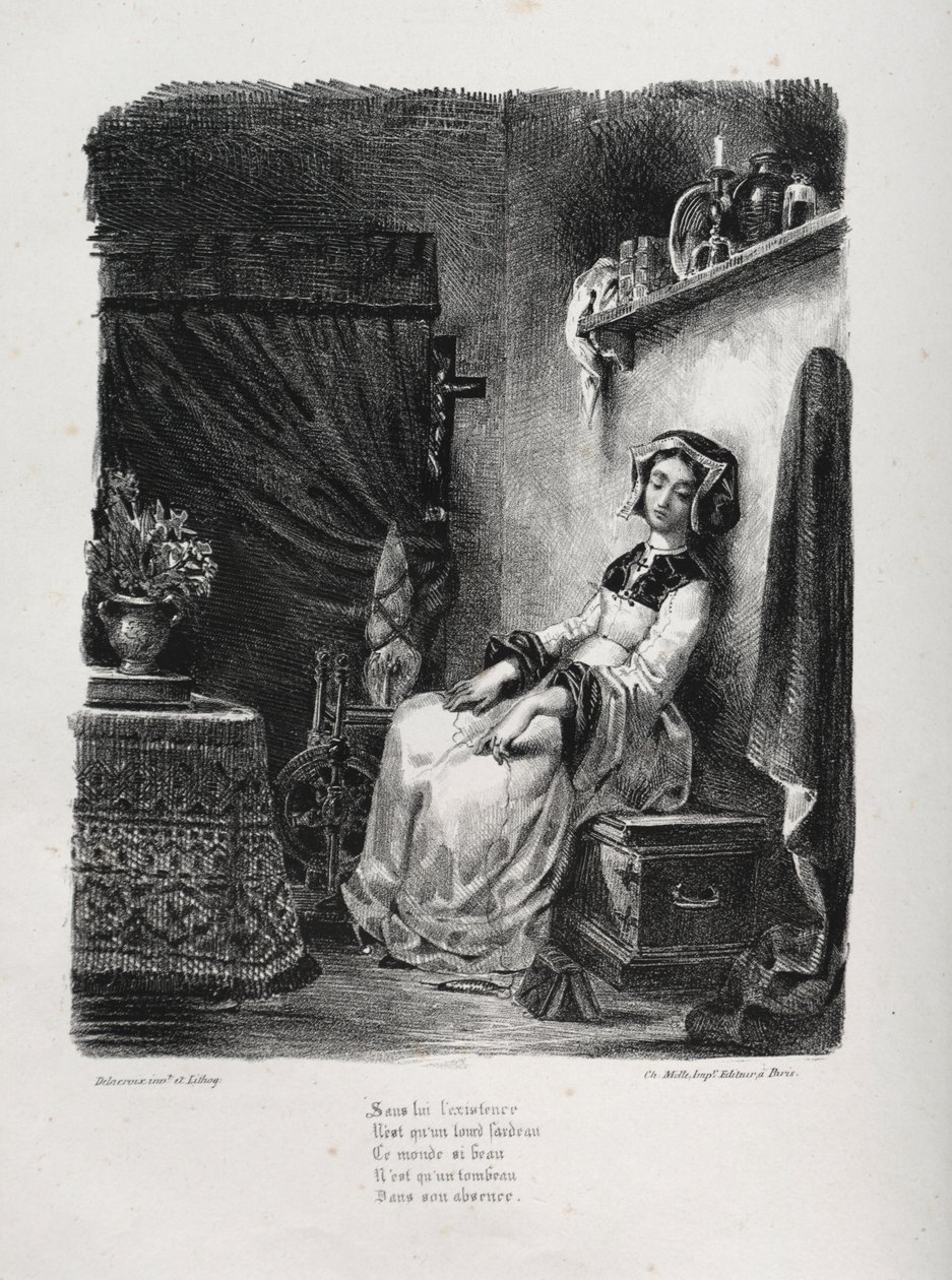 Illustrationer til Faust: Marguerite med hjulet af Eugène Delacroix