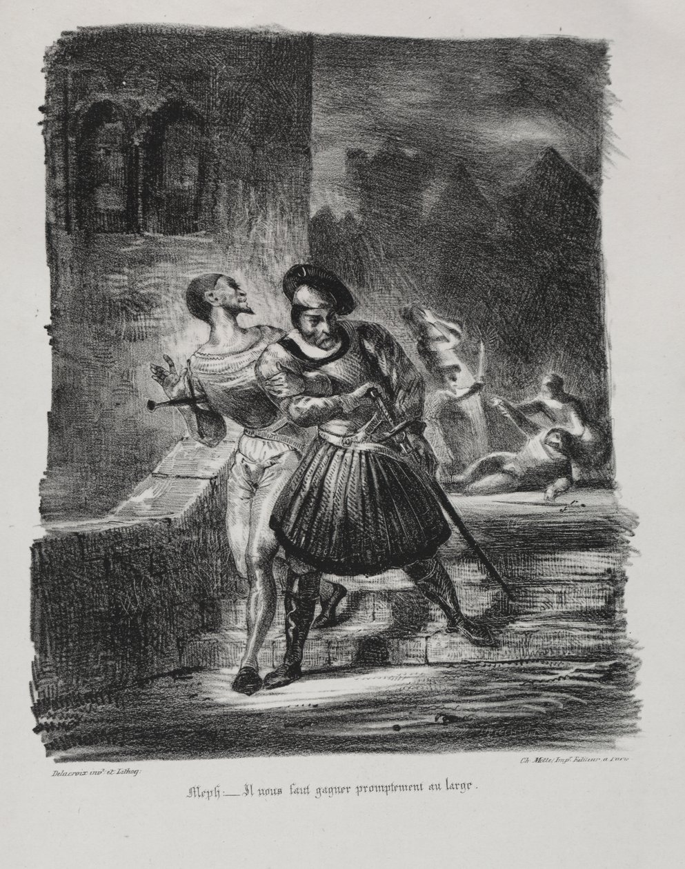 Illustrationer til Faust: Mephistopheles og Faust flygter efter duellen af Eugène Delacroix