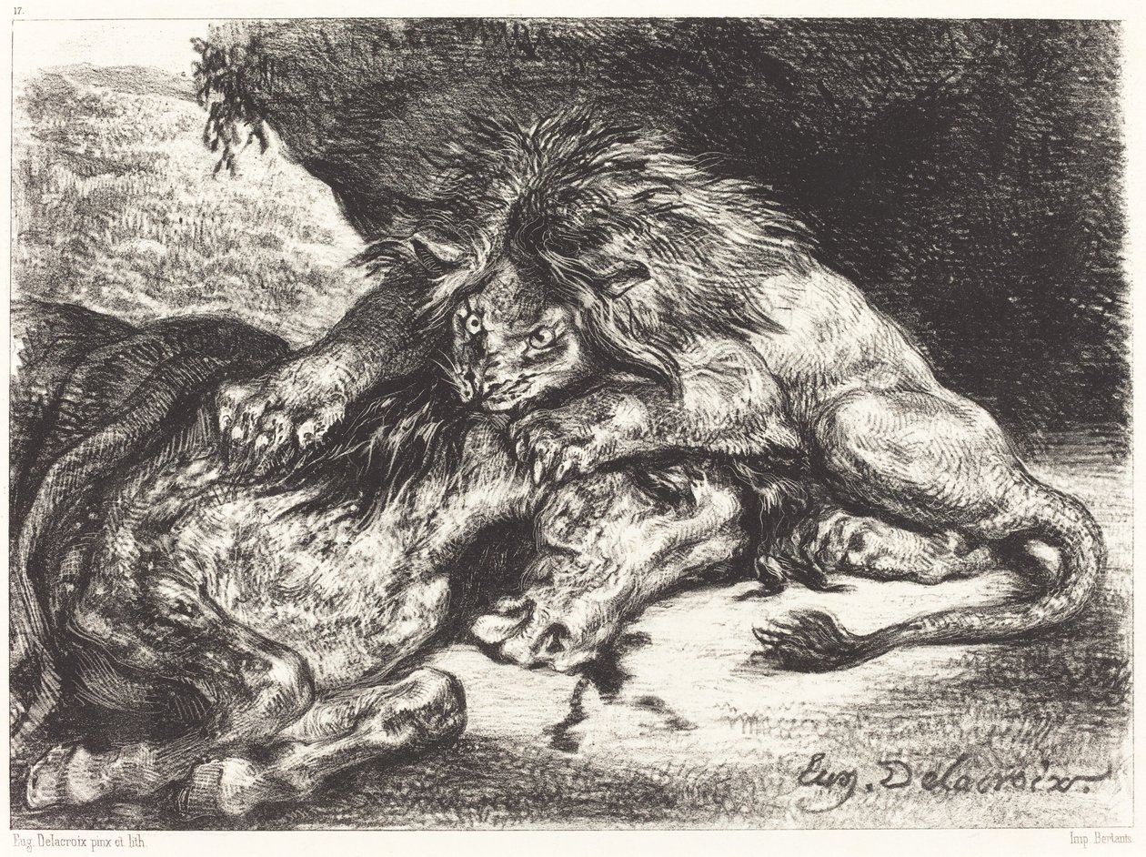 Løve fortærer en hest Løve fortærer en hest, 1844. af Eugène Delacroix