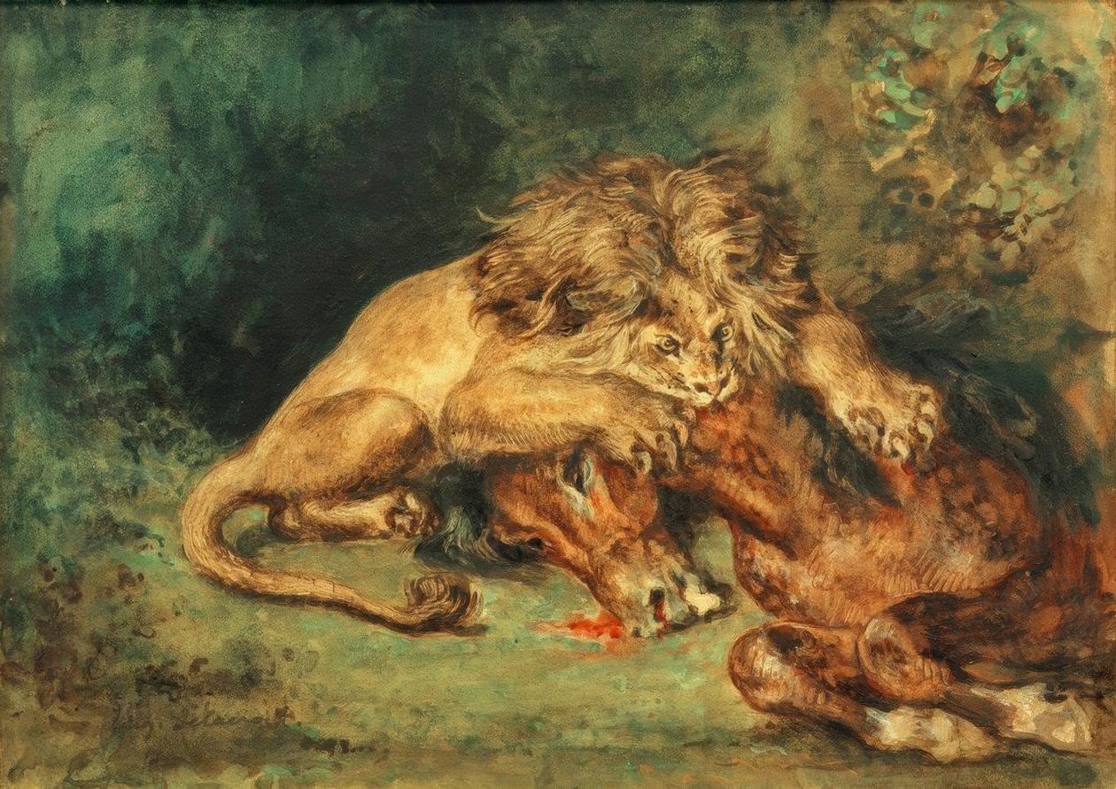 Løve river en hest af Ferdinand Victor Eugene Delacroix