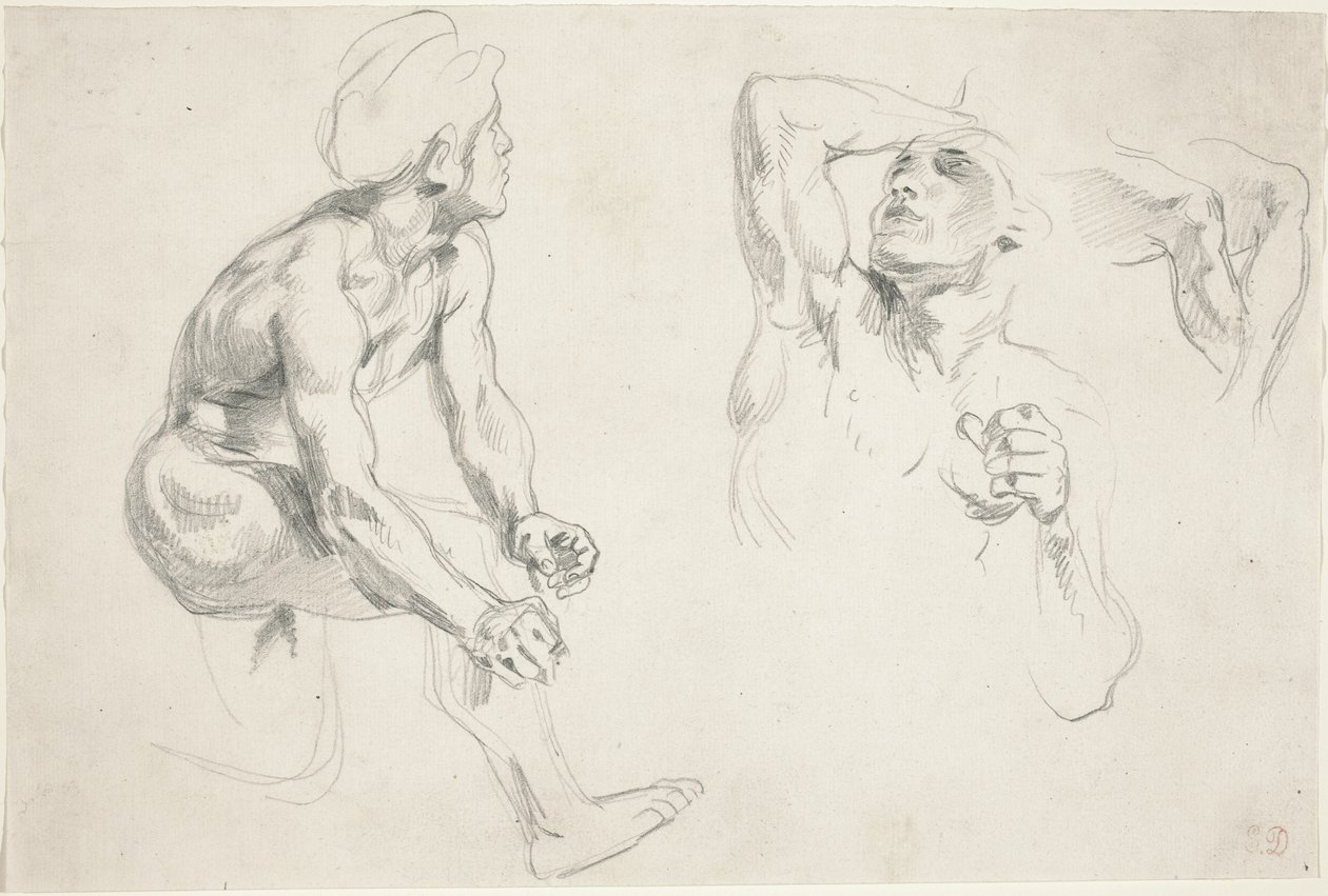 Nøgen mand poserer for figurer i Frize de la Guerre, ca. 1835. af Eugène Delacroix