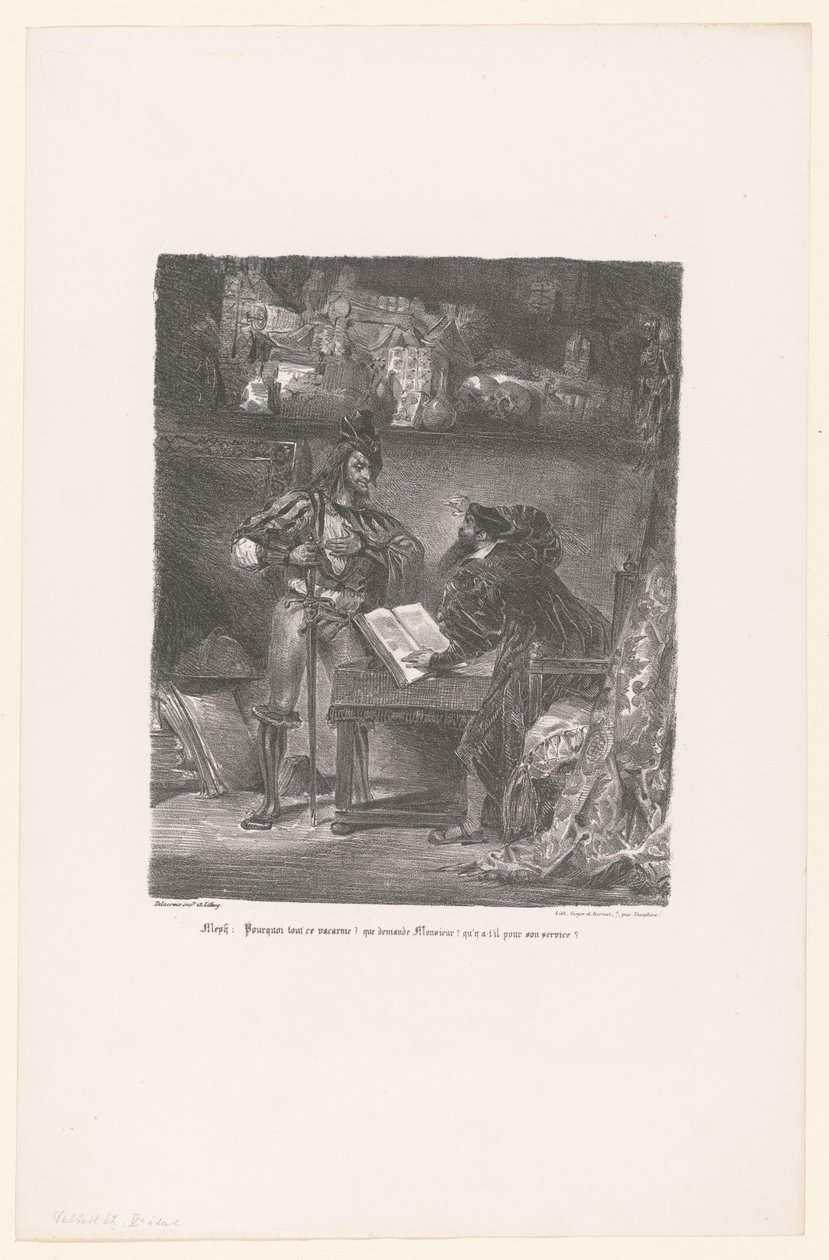Mephisto vises på Faust Meph: Hvorfor al den ballade? (...) (titel på objekt) Faust (serietitel) Faust, tragedie af M. de Goethe (serietitel) af Eugène Delacroix