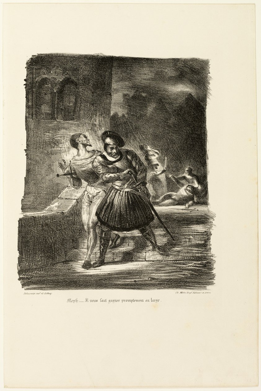 Mephistopheles og Faust, der flygter efter duellen, fra Faust af Eugène Delacroix