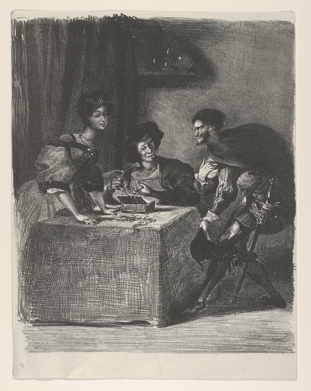 Mephistopheles præsenterer sig for Martha Goethe, Faust, 1825-27., 1825-27. af Eugène Delacroix