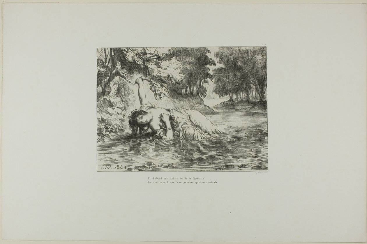 Ophelias død, planche 13 fra Hamlet af Eugène Delacroix