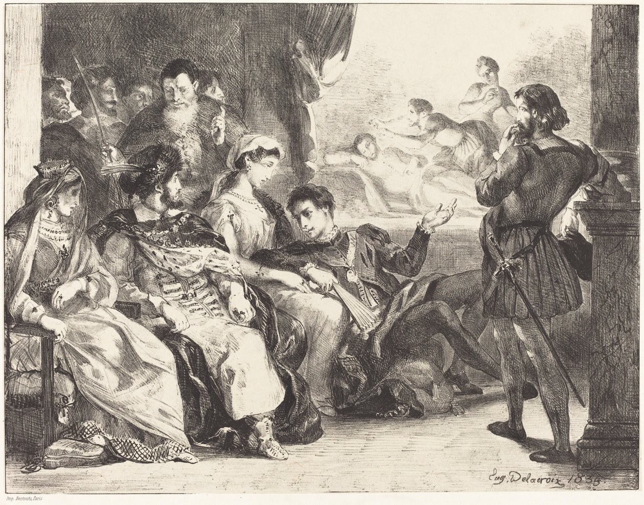 Spillere, der udfører forgiftningen af Hamlets far (Act III, Scene II) af Eugène Delacroix